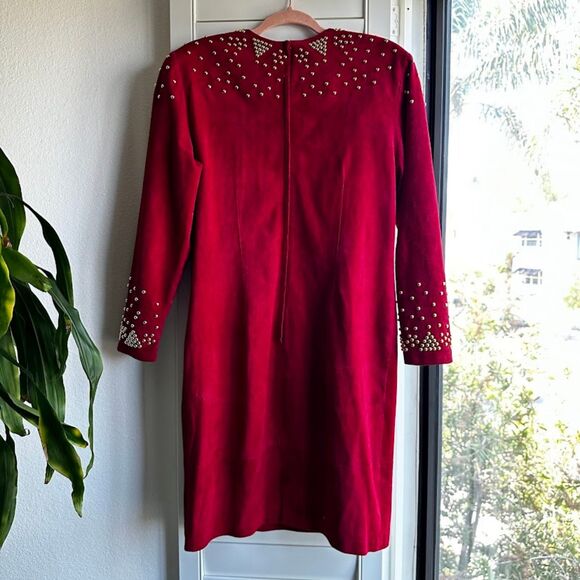Vintage 80s Pia Rucci Gold Studded Red Suede Leather Dress size 14 - Picture 10 of 16